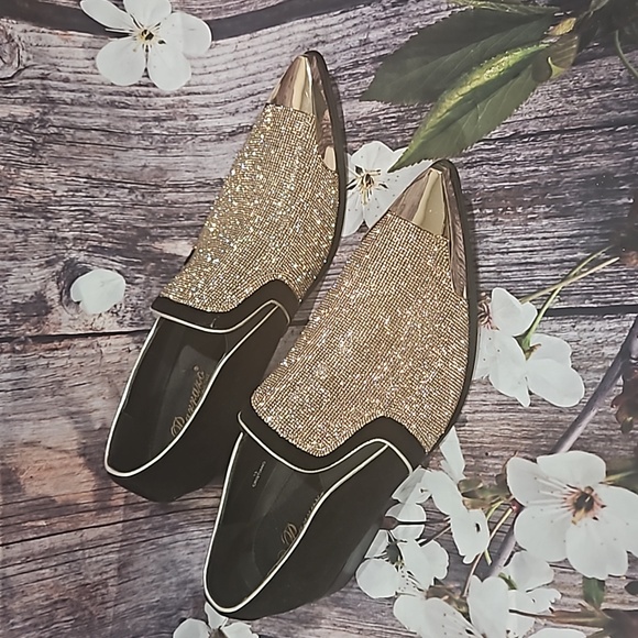 Parrazo Black Velvet & Gold Rhinestone Smoking Loafers With Gold Tip - Picture 3 of 7